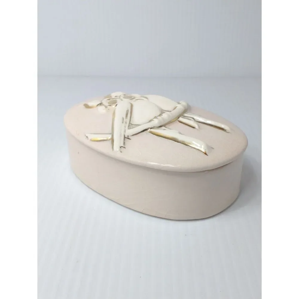 Vintage MCM Ceramic‎ Pink Trinket Box With Lid White Birds On Branch Gold Accent